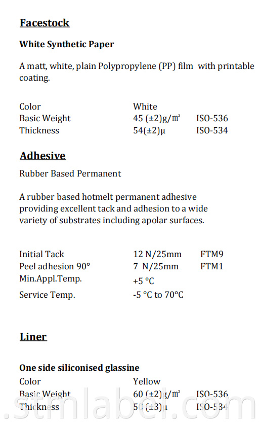 54u Synthetic Paper Rubber Based Permanent Yellow Glassine